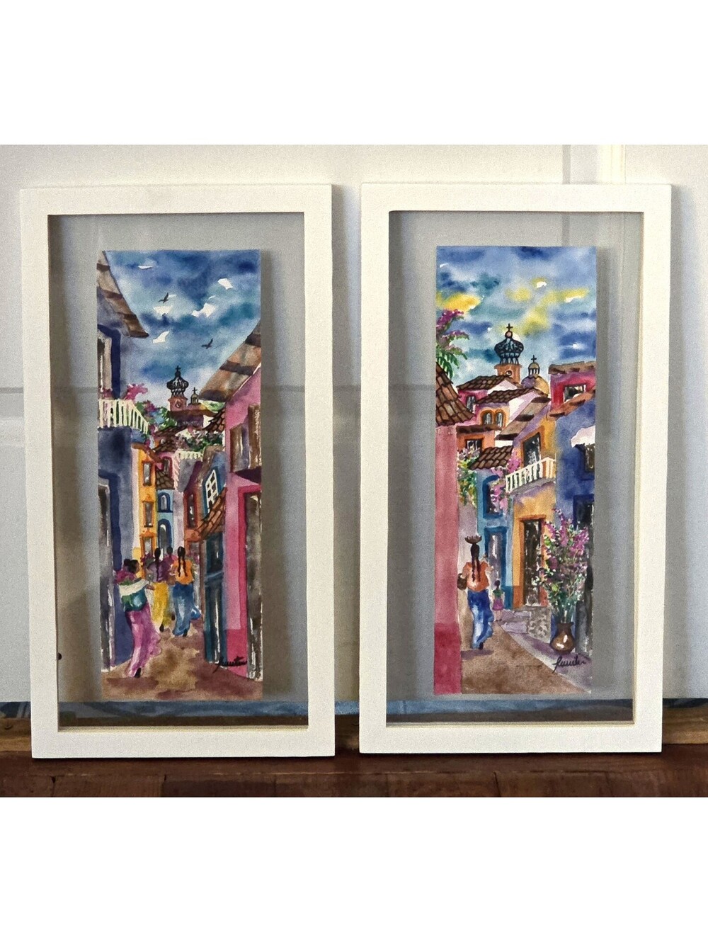 Vintage MCM Vertical Streetscape Watercolor Paintings - Framed Pair Signed